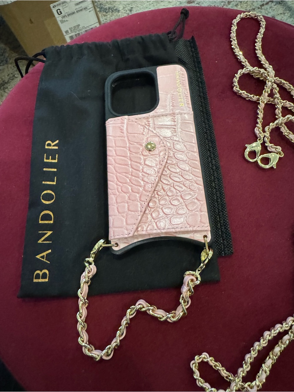 Bandolier Pink Croc-Embossed iPhone 15 Pro Crossbody Case with Gold Chain